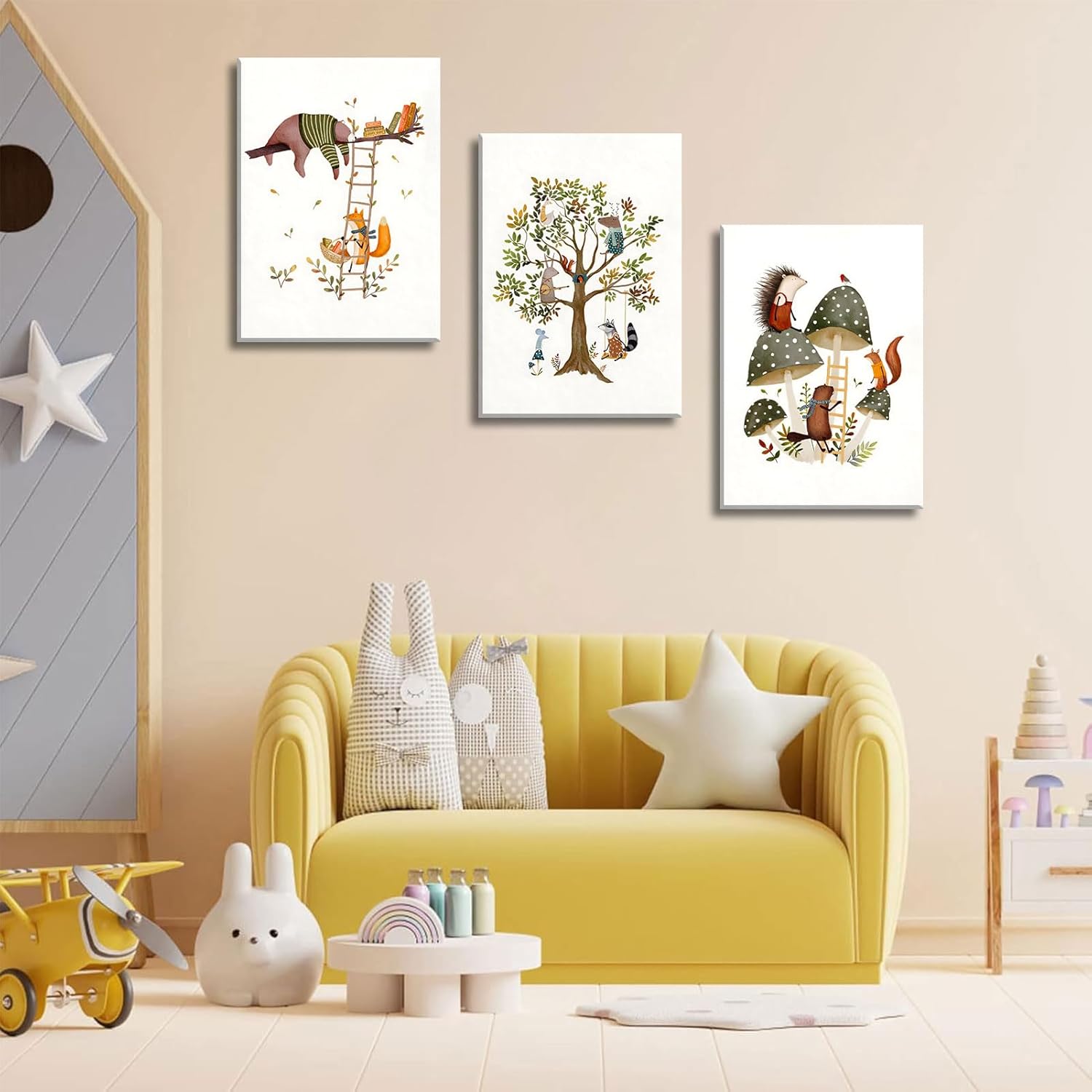 3Pcs Woodland Safari Animals Nursery Canvas Wall Art