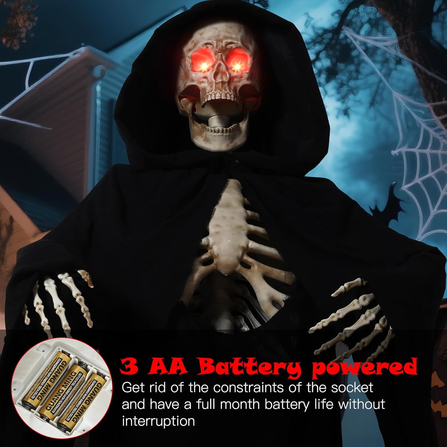 7FT Tall Scary Animated Grim Reaper with Lighted Red Eyes Sound & Touch Activated