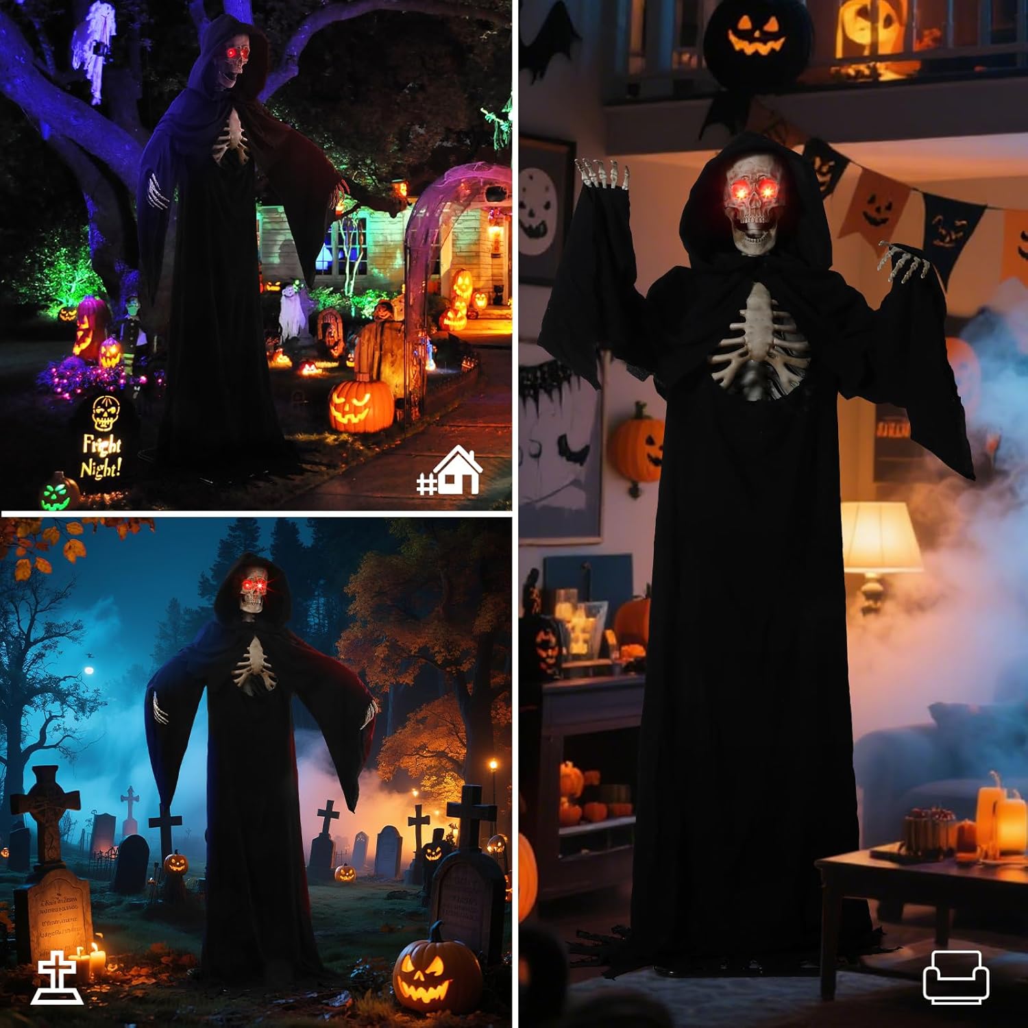 7FT Tall Scary Animated Grim Reaper with Lighted Red Eyes Sound & Touch Activated