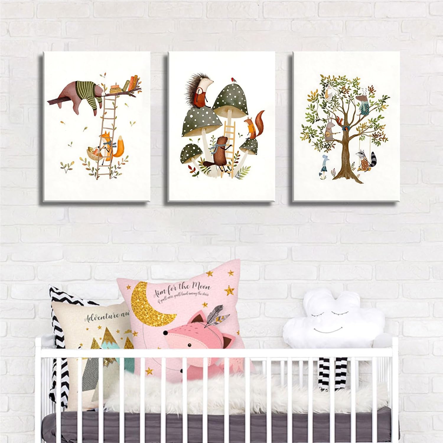 3Pcs Woodland Safari Animals Nursery Canvas Wall Art