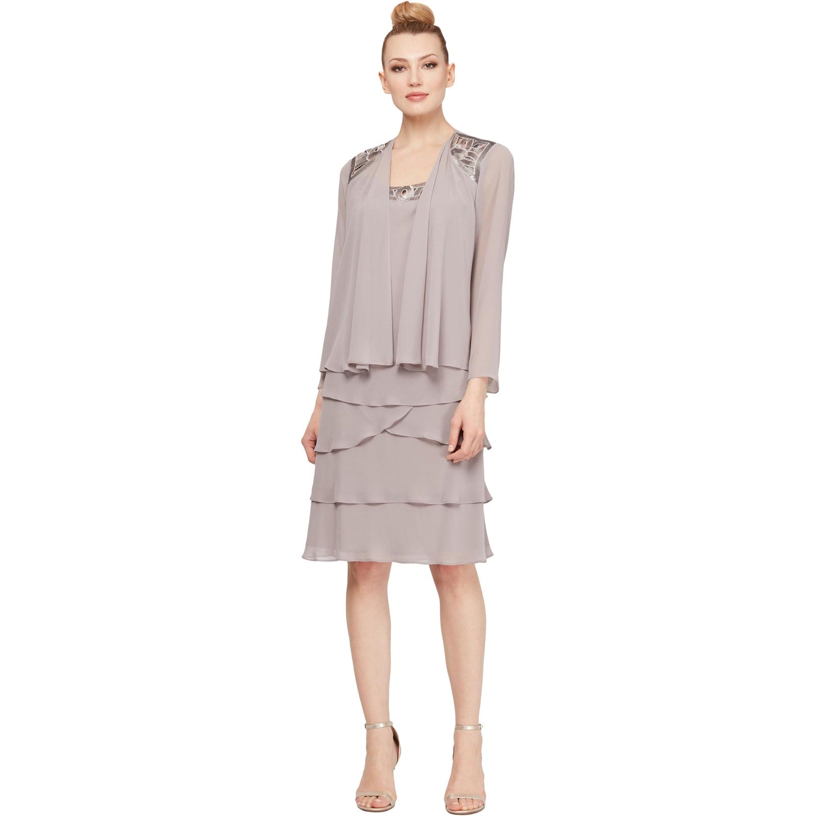 S.L. Fashions Mother of The Bride Jacket Dress with Sequined Cut Out Shoulder