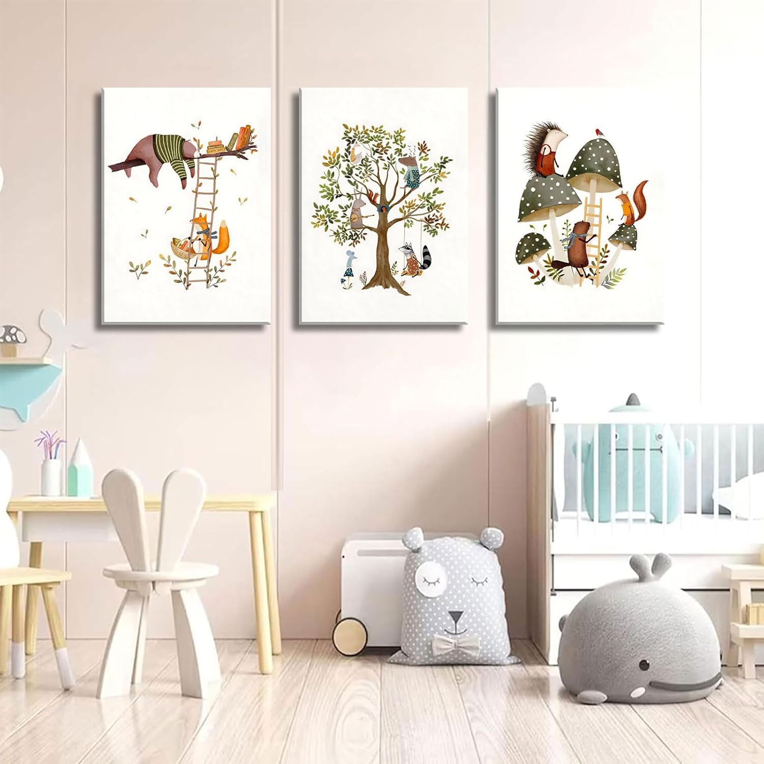 3Pcs Woodland Safari Animals Nursery Canvas Wall Art