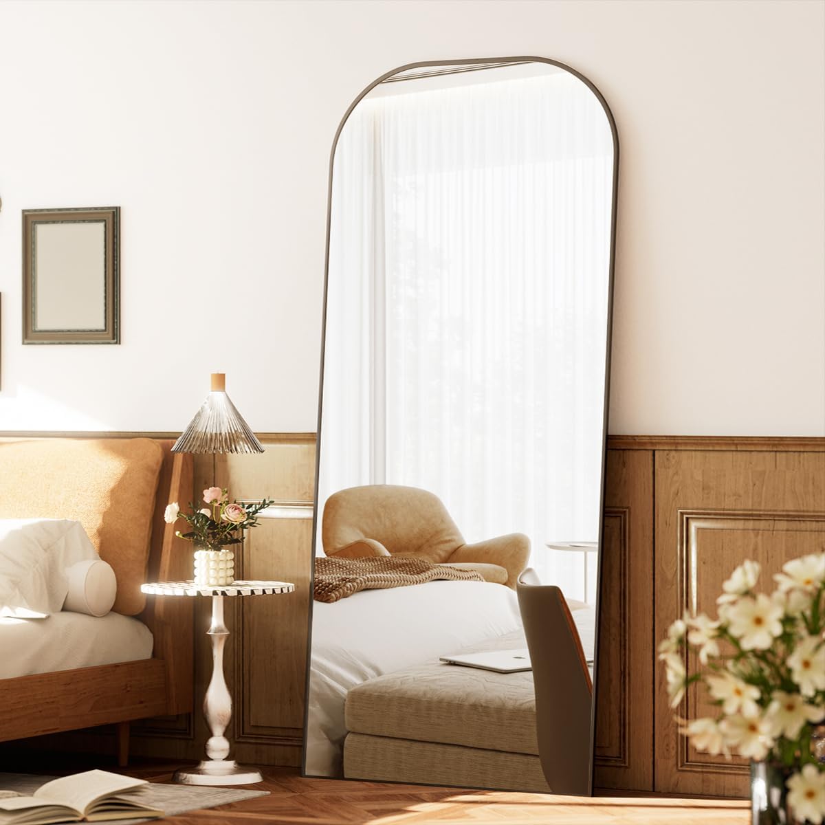 Koonmi Mirror, 71x26 in, Black, Rounded Top