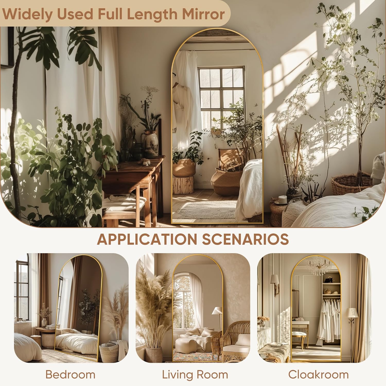 76x34 Arched Full Length Mirror, Gold