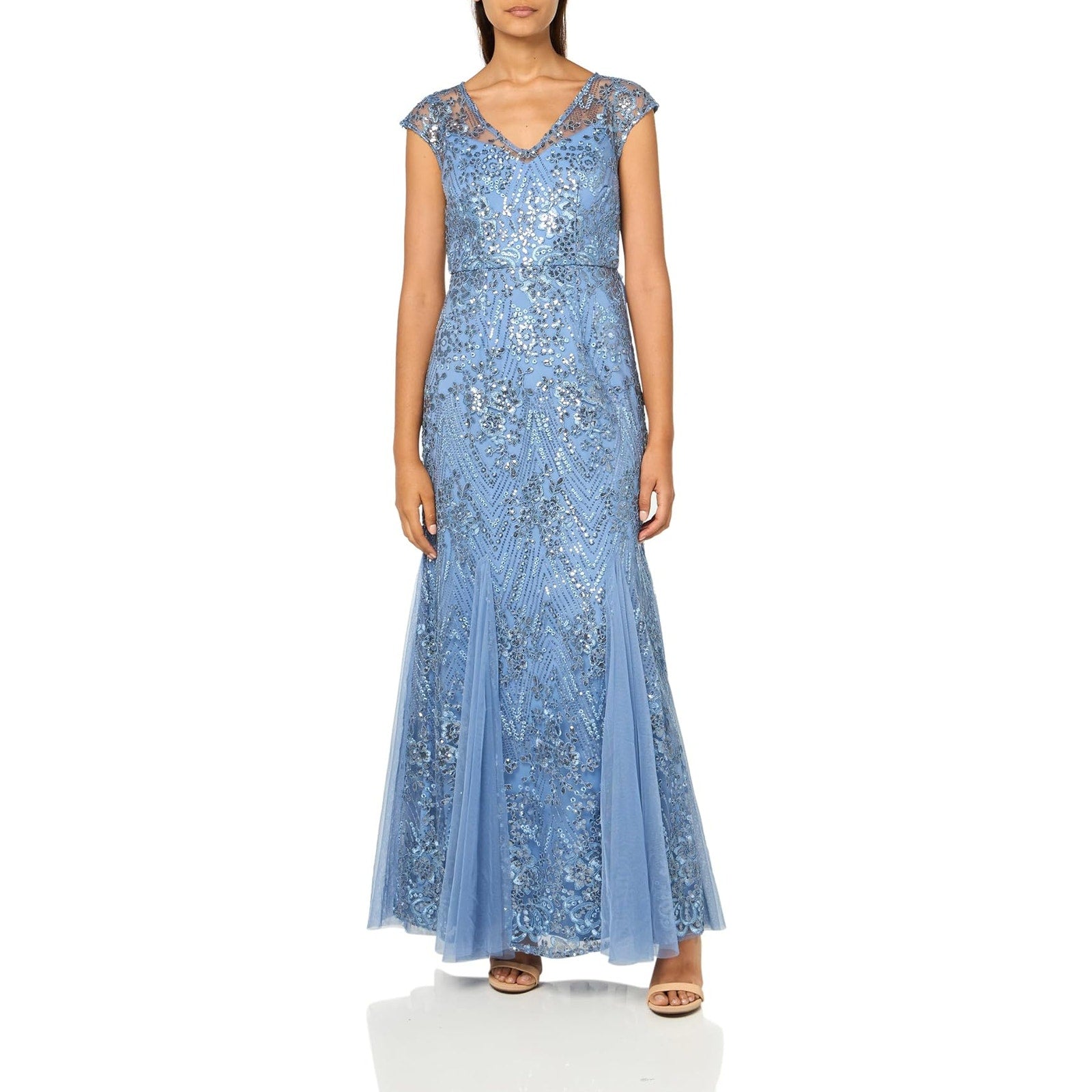 Alex Evenings Women's Long Fit and Flare Mother of The Bride Dress with Godet Detail, Vintage Blue