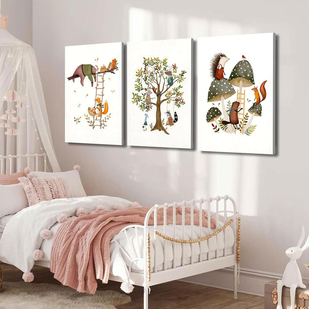 3Pcs Woodland Safari Animals Nursery Canvas Wall Art