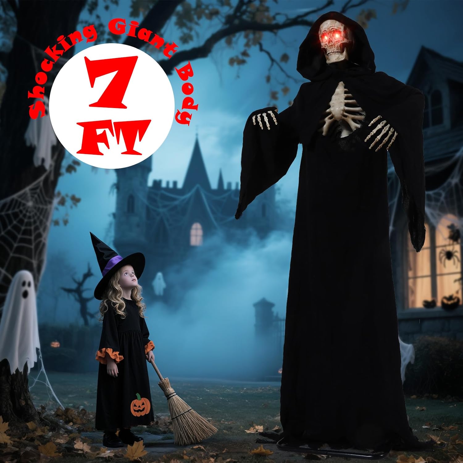 7FT Tall Scary Animated Grim Reaper with Lighted Red Eyes Sound & Touch Activated