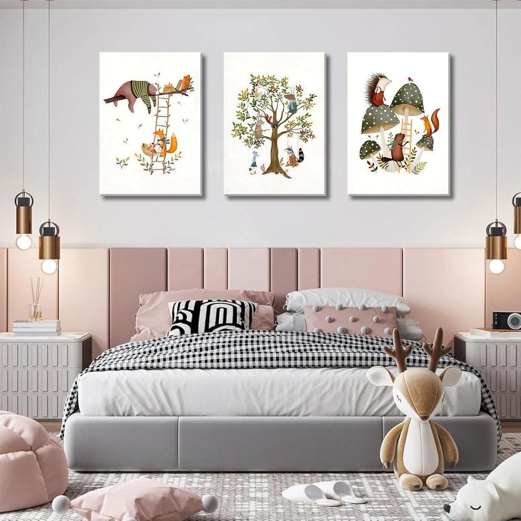 3Pcs Woodland Safari Animals Nursery Canvas Wall Art
