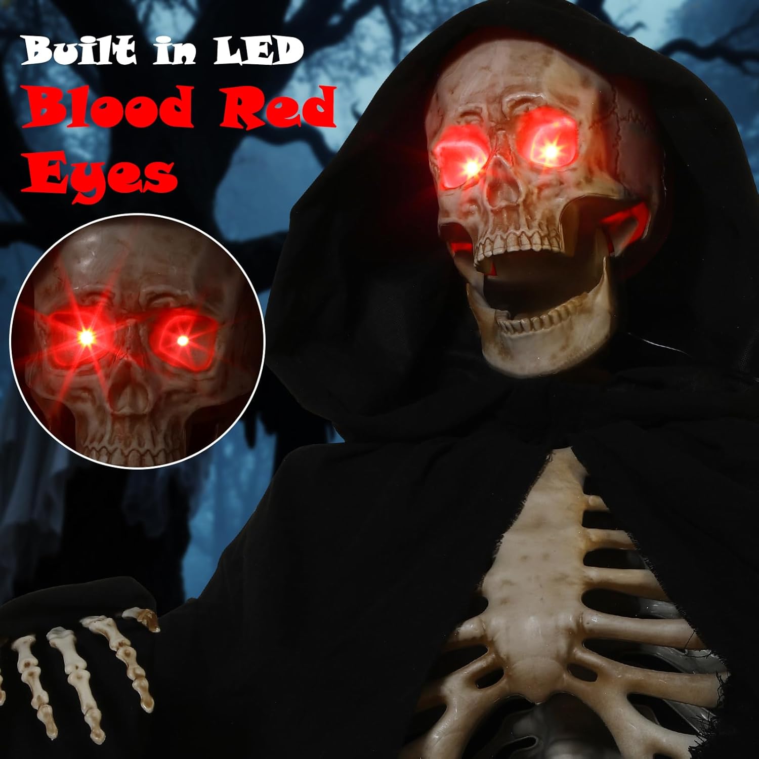 7FT Tall Scary Animated Grim Reaper with Lighted Red Eyes Sound & Touch Activated