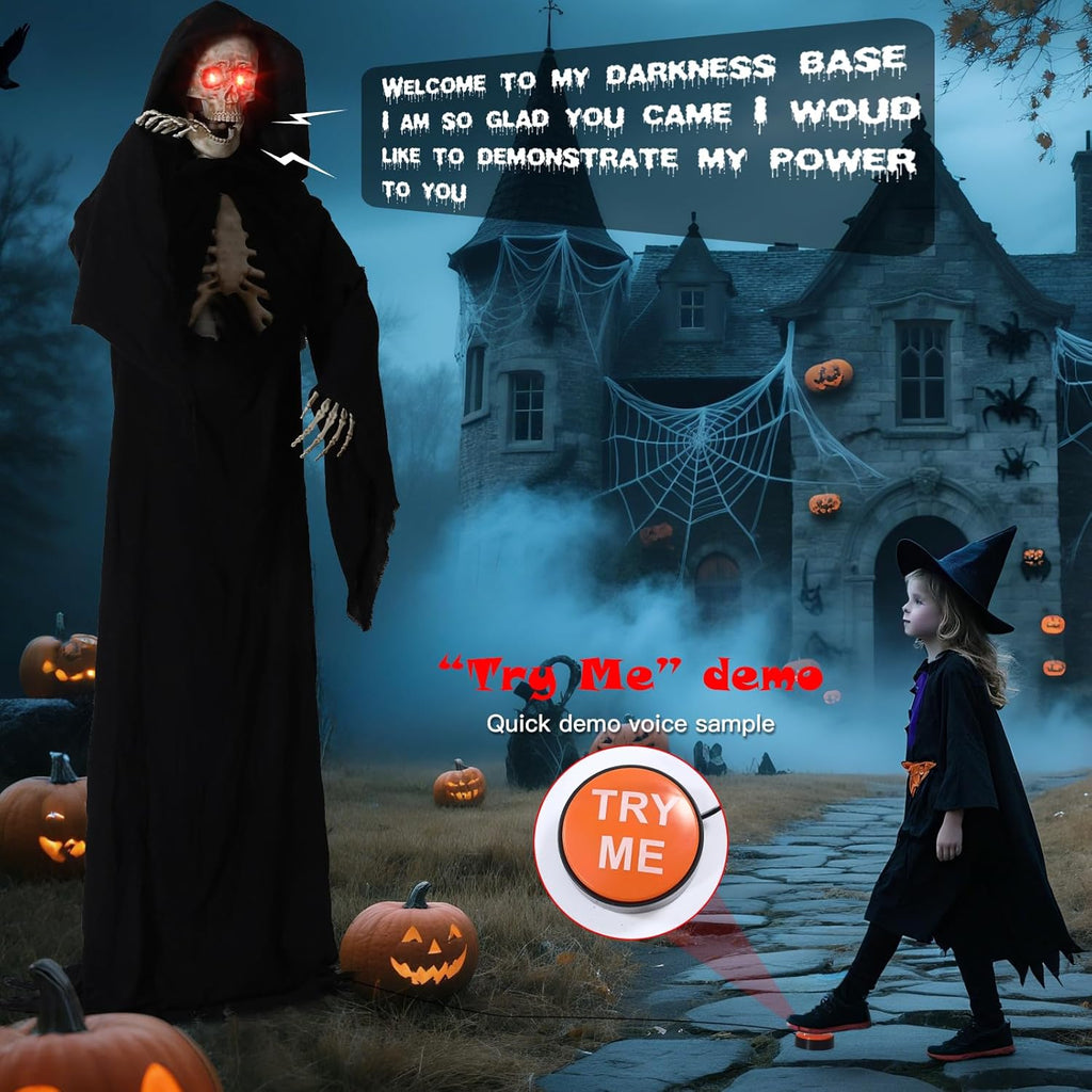 7FT Tall Scary Animated Grim Reaper with Lighted Red Eyes Sound & Touch Activated