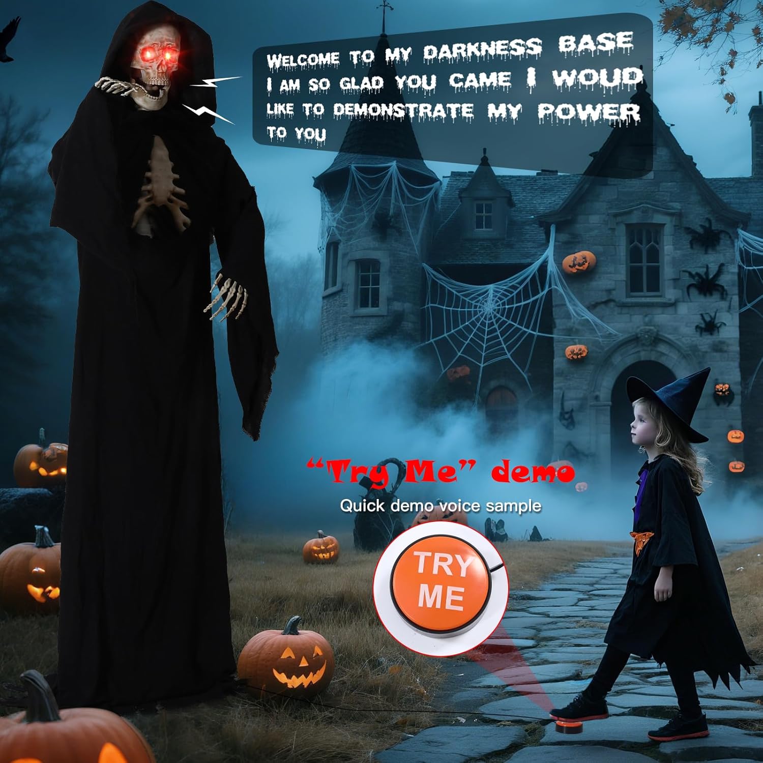 7FT Tall Scary Animated Grim Reaper with Lighted Red Eyes Sound & Touch Activated