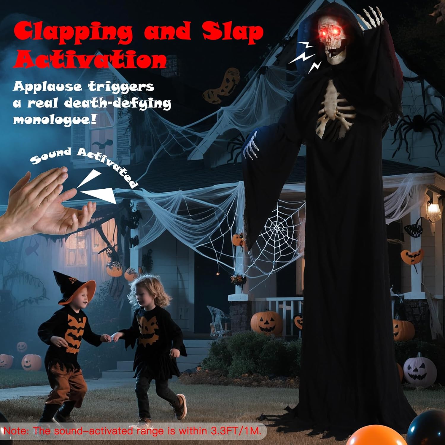 7FT Tall Scary Animated Grim Reaper with Lighted Red Eyes Sound & Touch Activated