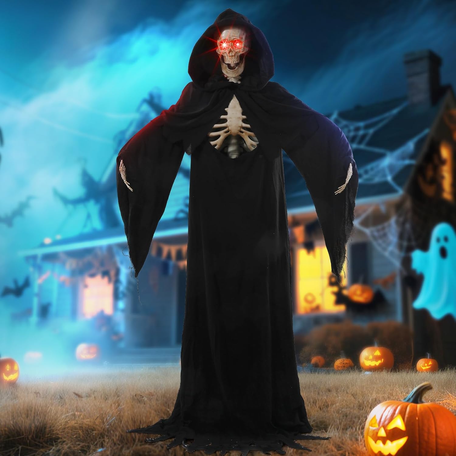 7FT Tall Scary Animated Grim Reaper with Lighted Red Eyes Sound & Touch Activated