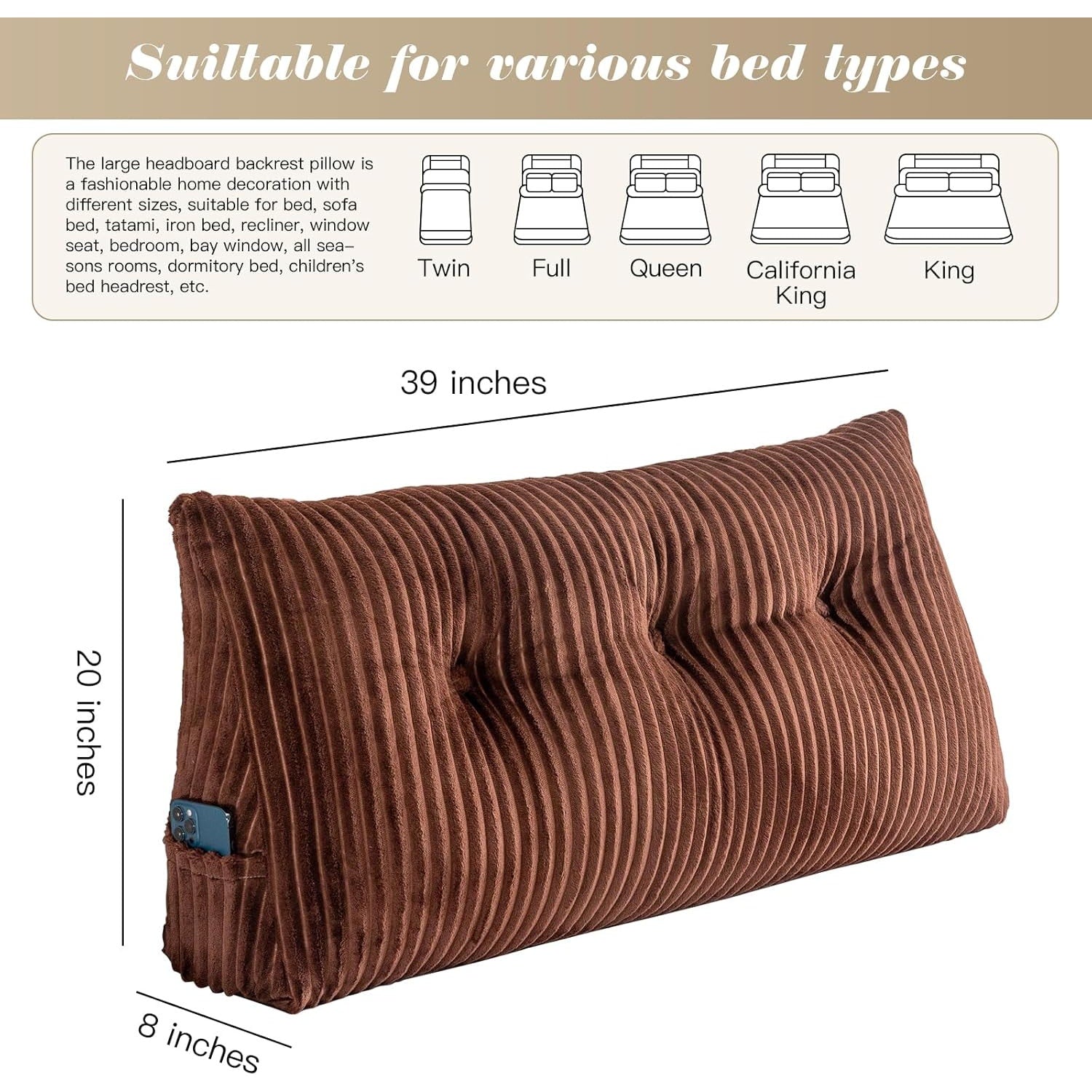 Triangular Headboard Wedge Pillow, Twin: 39x8x20